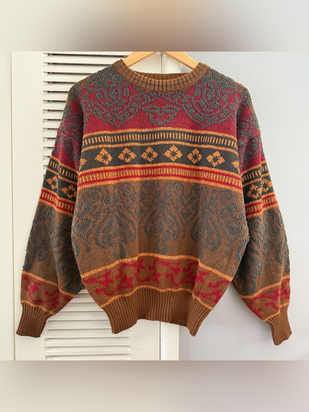 Vintage 90’s Michael Gerald Fair Isle Geometric Brown Burgundy Knit Sweater